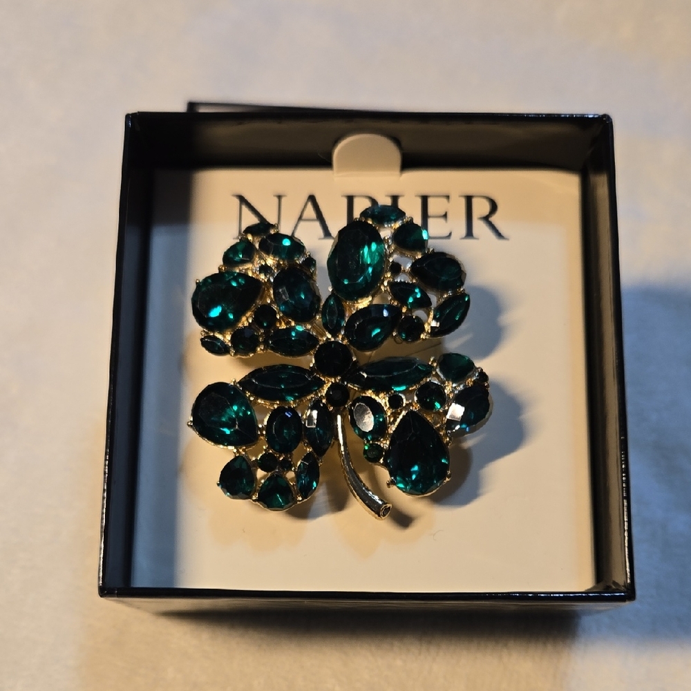 Napier Teal Gemstone Clover Brooch